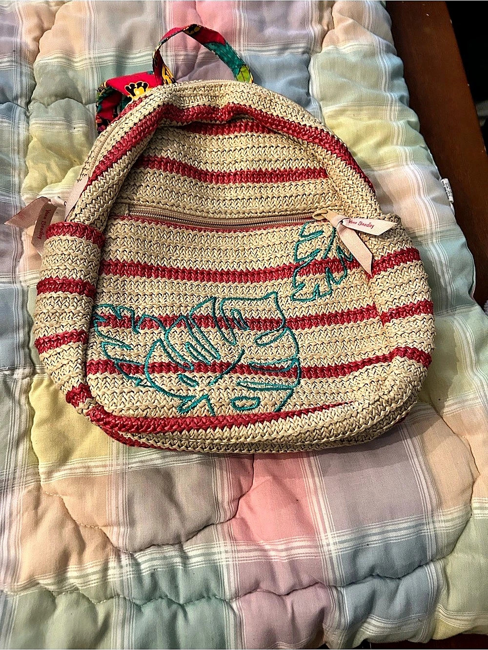 Vera Bradley Straw Mini Backpack Striped Backpack in Red & Cream NWT